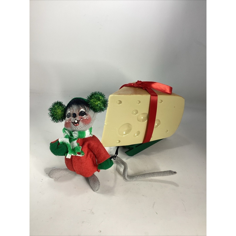 Mouse Annalee Doll 1999 Pulling Cheese On Toboggan Sled 7" Christmas Winter